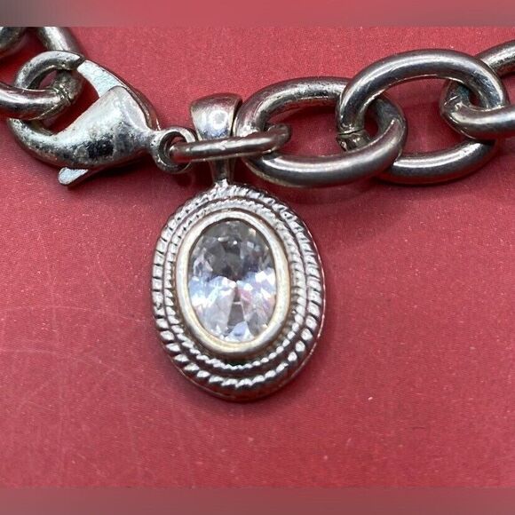 Women’s Bracelet Silver Tone Chain Links Crystal Charm 7” - Picture 2 of 2